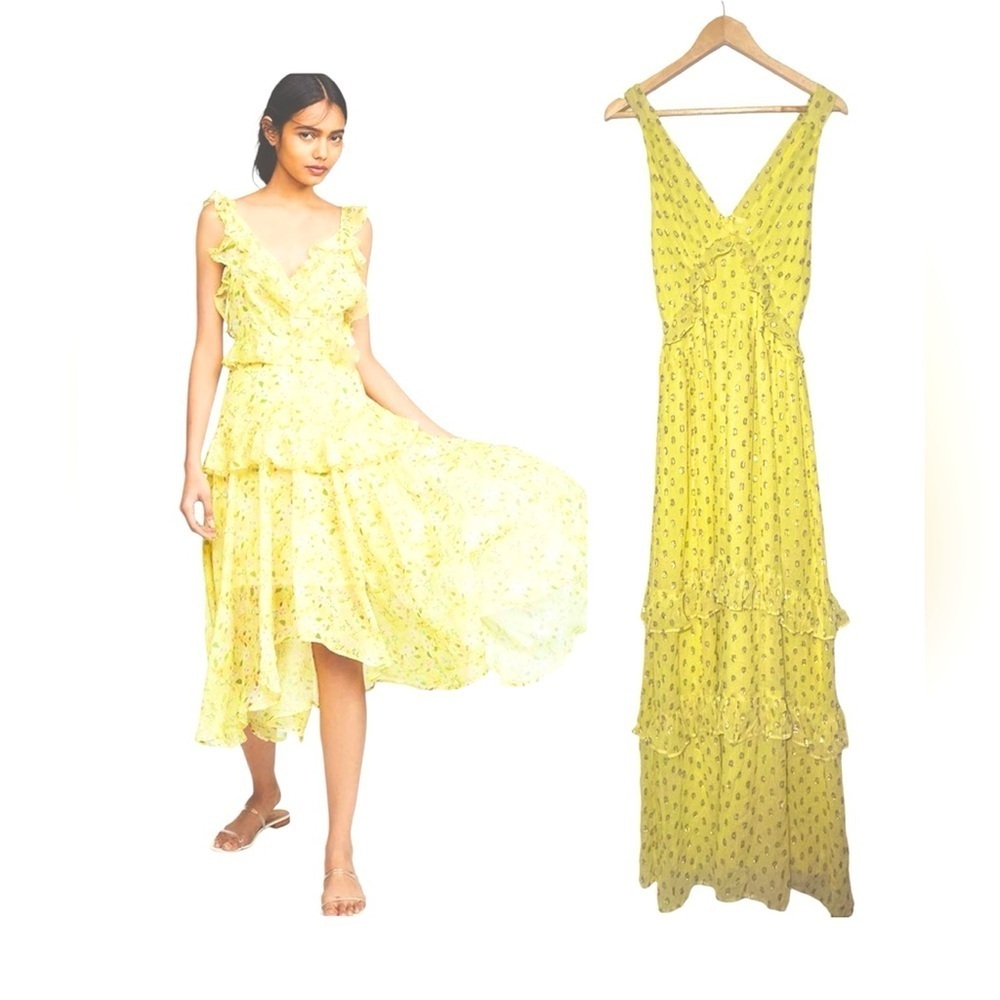 En crème yellow  frill detailing maxi dress silver dots  medium